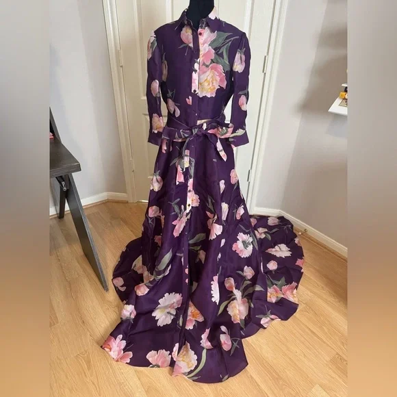 CAROLINA HERRERA Trench Gown in Fig Multi Purple Floral Belted Dress Size 8 NWT - Picture 9 of 13